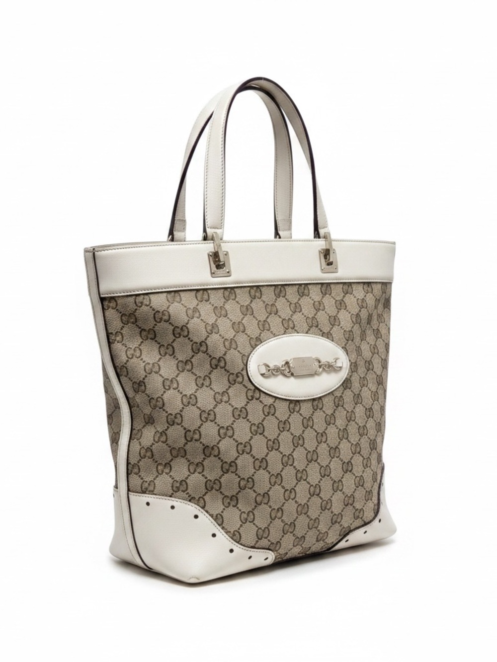 Vintage Auth Gucci GG mammogram Canvas ivory leather Horsebit medium tote bag